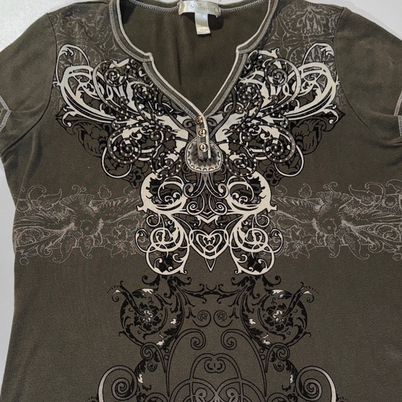 Women’s Olive Green Henley Style Y2K Dress Barn Baby Tee size Large - Picture 3 of 4